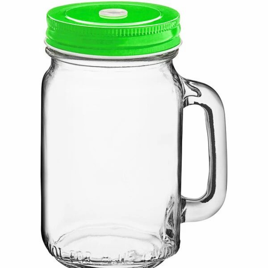 Glassware * | Acopa Rustic Charm 16 Oz. Drinking Jar With Handle And Green Metal Lid With Straw Hole 12/Case