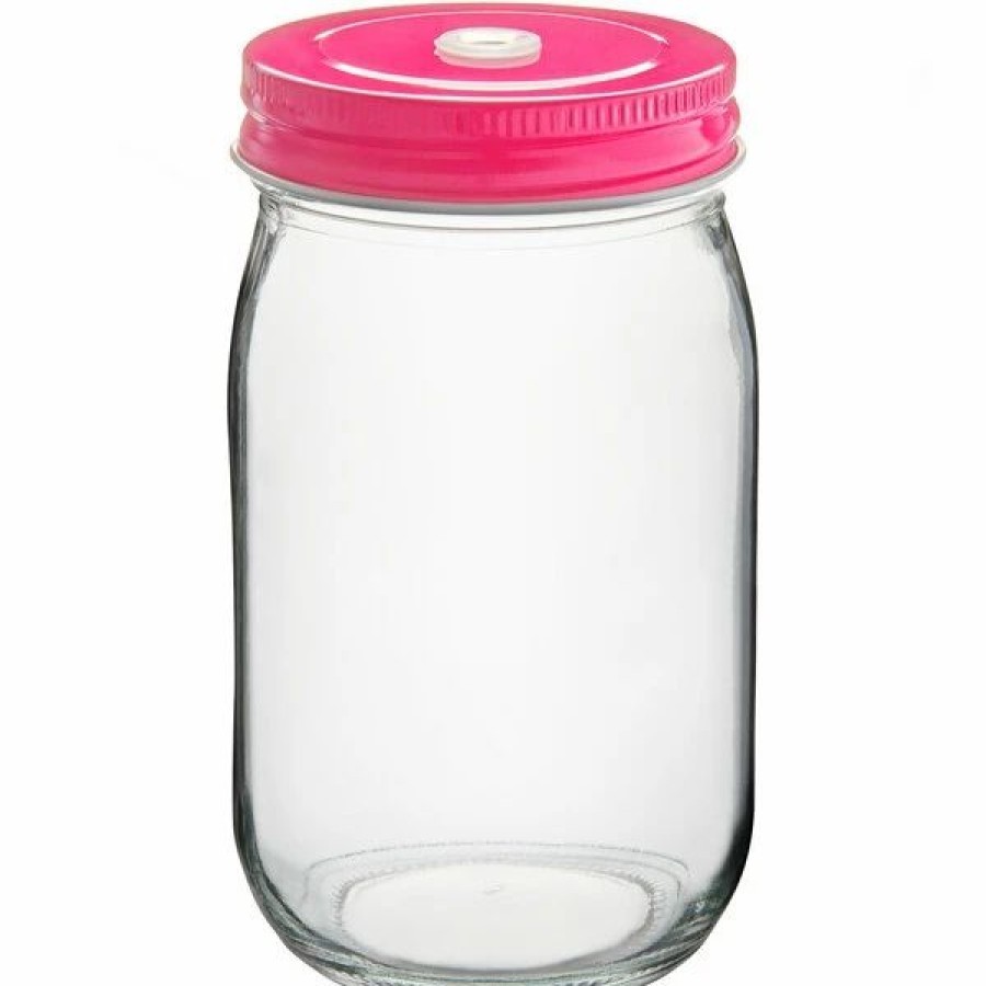 Glassware * | Acopa Rustic Charm 16 Oz. Drinking Jar With Pink Metal Lid With Straw Hole 12/Case