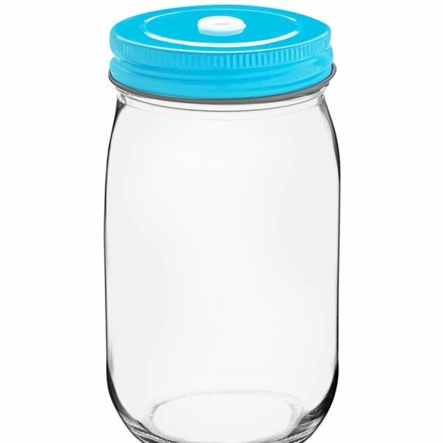 Glassware * | Acopa Rustic Charm 16 Oz. Drinking Jar With Blue Metal Lid With Straw Hole 12/Case