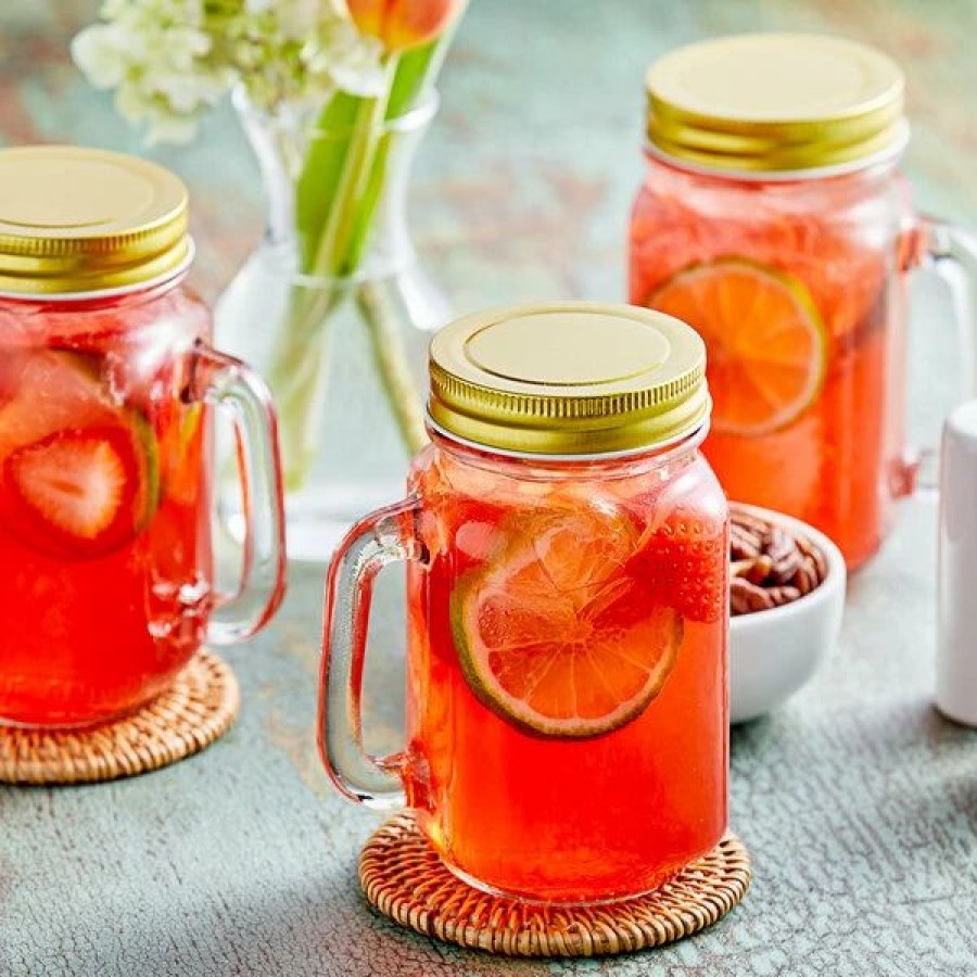 Glassware * | Acopa Rustic Charm 16 Oz. Drinking Jar / Mason Jar With Handle And Gold Metal Lid 12/Case