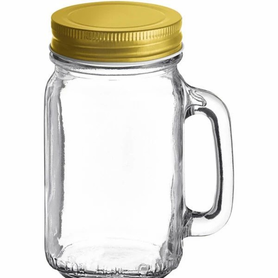 Glassware * | Acopa Rustic Charm 16 Oz. Drinking Jar / Mason Jar With Handle And Gold Metal Lid 12/Case