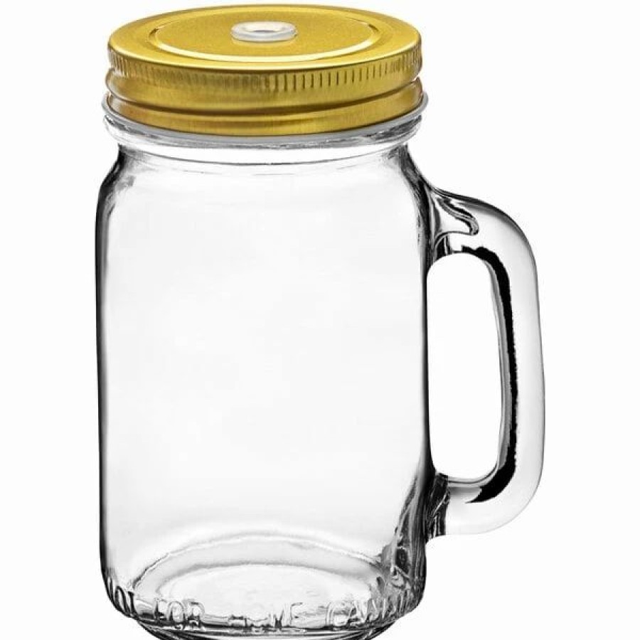 Glassware * | Acopa Rustic Charm 16 Oz. Drinking Jar With Handle And Gold Metal Lid With Straw Hole 12/Case