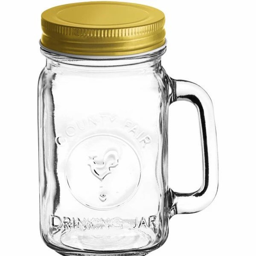 Glassware * | Acopa Rustic Charm 16 Oz. County Fair Drinking Jar / Mason Jar With Handle And Gold Metal Lid 12/Case