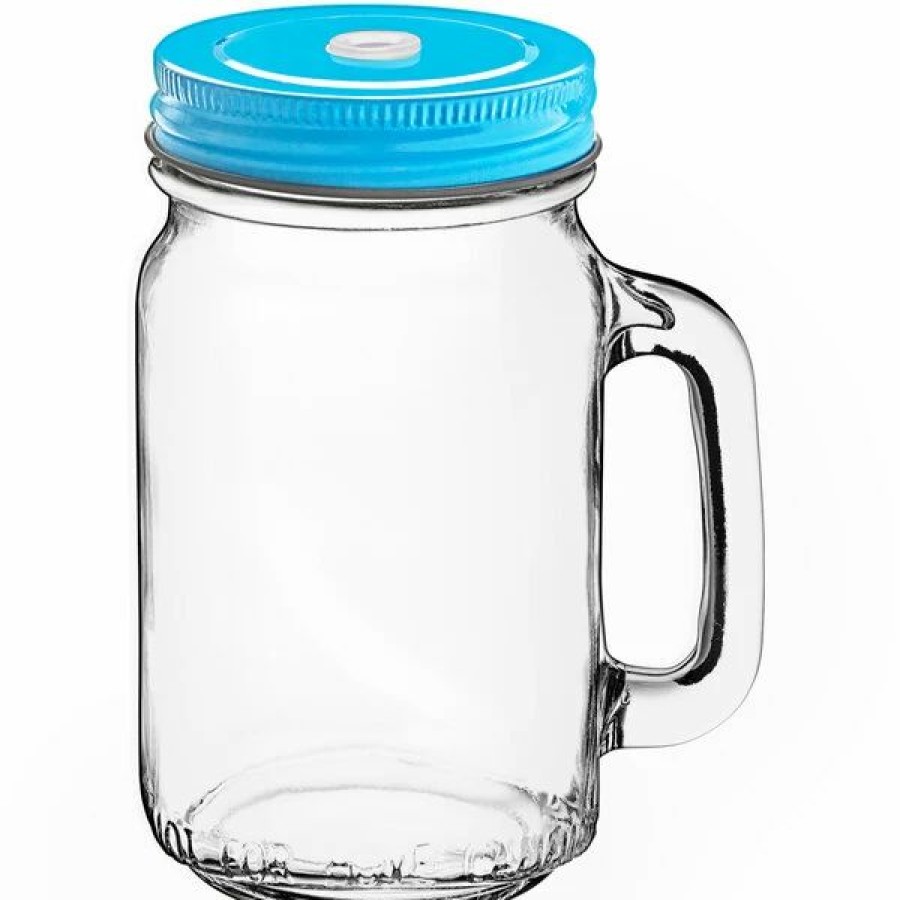 Glassware * | Acopa Rustic Charm 16 Oz. Drinking Jar With Handle And Light Blue Metal Lid With Straw Hole 12/Case